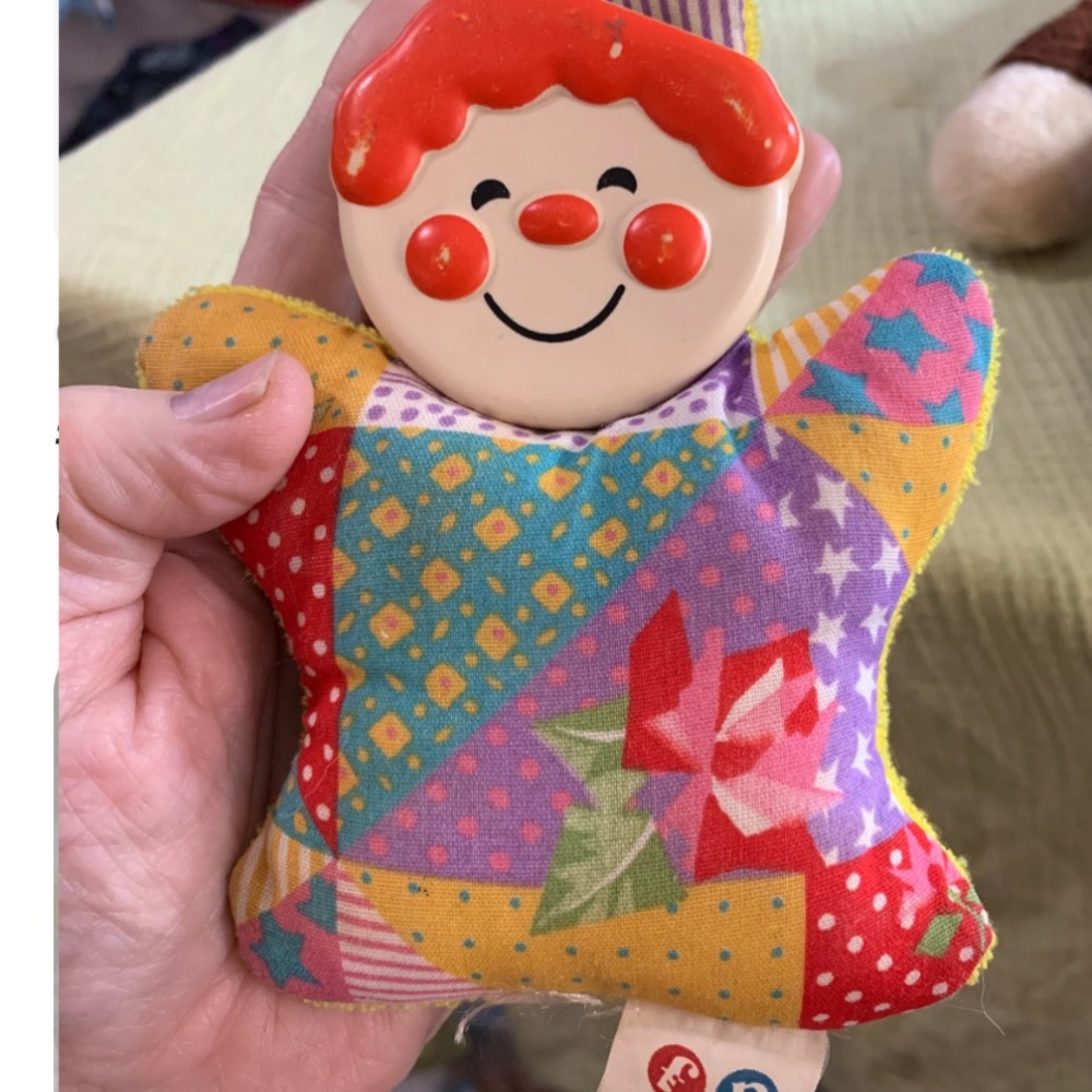 Fisher Price vintage 1982 clown rattle patchwork 652 toy, squeak A Boo